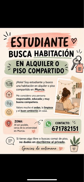 Busco habitaciónalquiler o piso compartido murcia