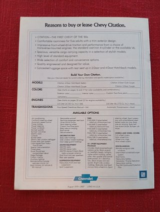 1980 Chevrolet Chevy Citation Depliant Brochure