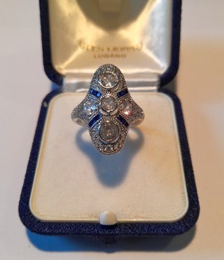 Anello Art Déco argento zirconi bianchi e zaffiro