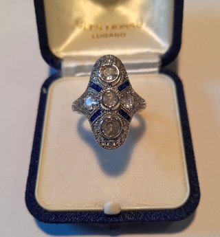 Anello Art Déco argento zirconi bianchi e zaffiro