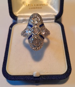 Anello Art Déco argento zirconi bianchi e zaffiro