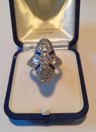 Anello Art Déco argento zirconi bianchi e zaffiro