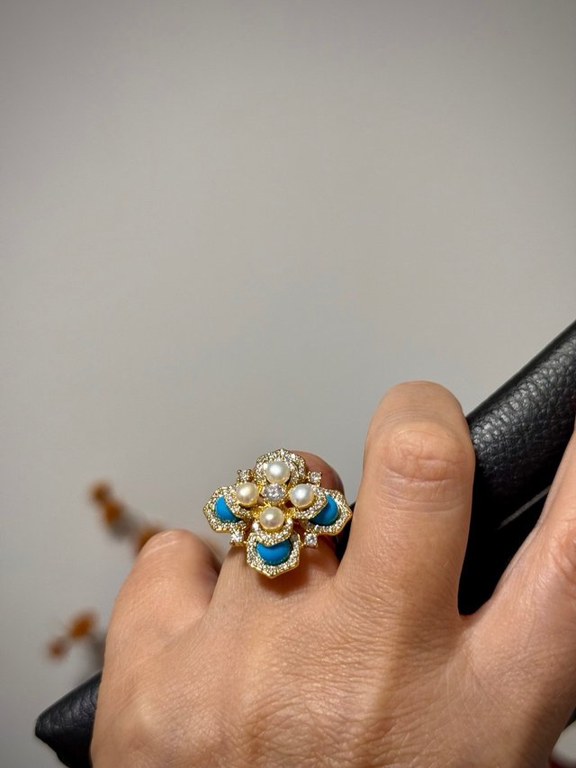 Anillo Vintage Oro Turquesa Perlas