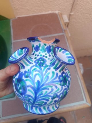 Botijo Florero Fajalauza Cerámica Azul y Verde