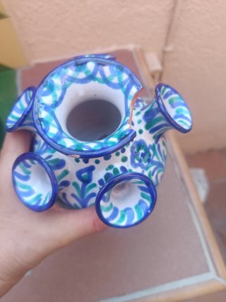 Botijo Florero Fajalauza Cerámica Azul y Verde