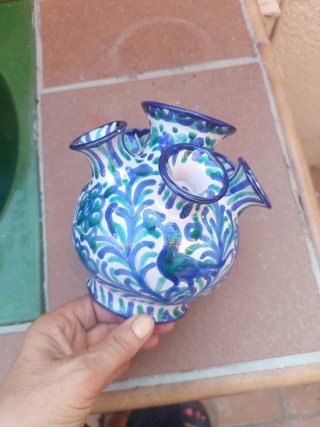 Botijo Florero Fajalauza Cerámica Azul y Verde