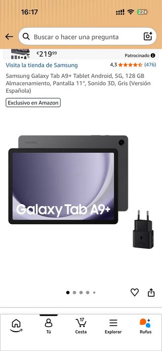 Tablet Samsung A9+ 128GB Negra