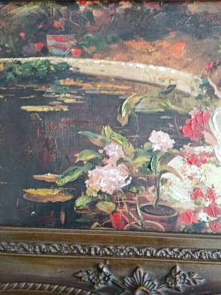 Cuadro antiguo óleo mujer jardín