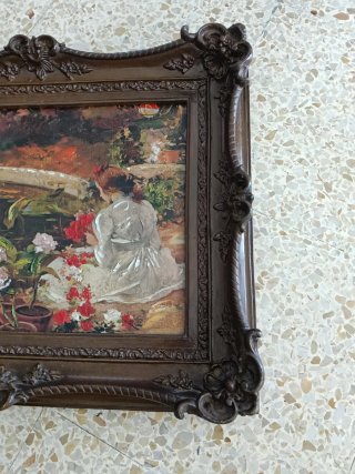 Cuadro antiguo óleo mujer jardín