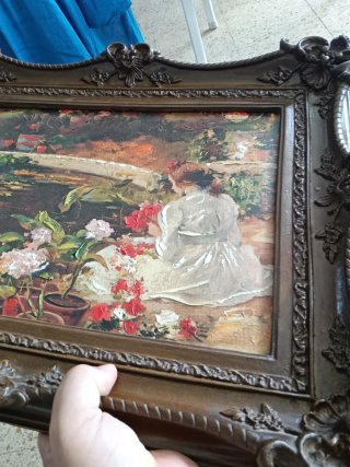 Cuadro antiguo óleo mujer jardín
