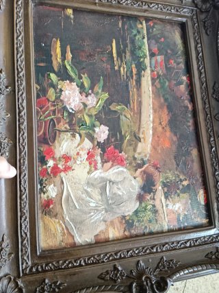 Cuadro antiguo óleo mujer jardín