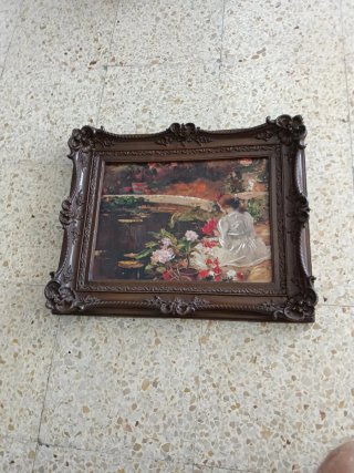 Cuadro antiguo óleo mujer jardín