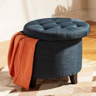 Pouf Contenitore Poggiapiedi in legno e tessuto Blu