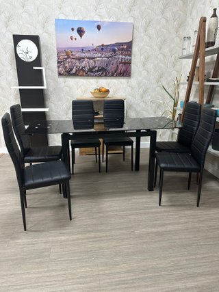Mesa Cristal Extensible + 6 Sillas Blancas