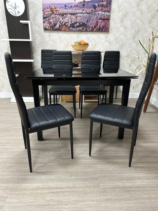 Mesa Cristal Extensible + 6 Sillas Blancas