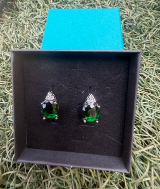 Pendientes Acero y Circonita Verde Ovalada