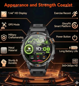 Smartwatch GPS Militare Uomo Nero nuovo