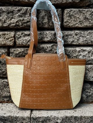 Bolso Shopper Rafia y Cuero Marrón Camel