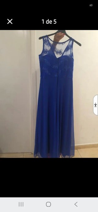 Vestido azul con bordado de plumas