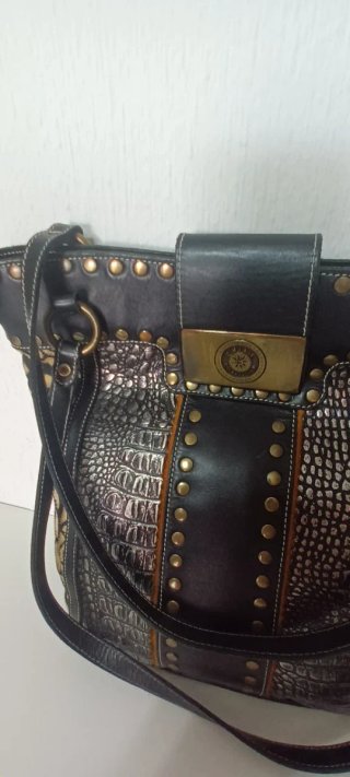 Bolso Cuero Artesanal Vintage Negro/Plata