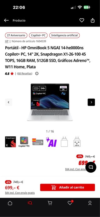 Portátil HP 512GB SSD + 8GB RAM 14