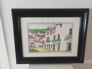 Cuadro pintado a mano pueblo campiña