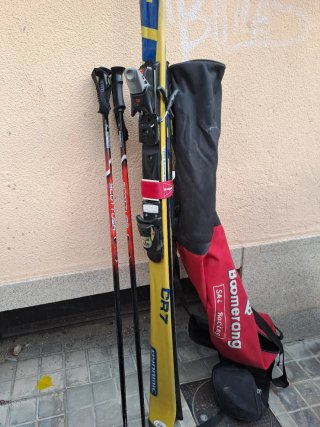 Esquís de nieve con bastones y funda