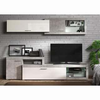 Mueble TV salón gris cemento y blanco