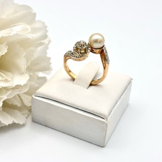 Anillo Oro 18kt Perla y Diamantes talla antigua