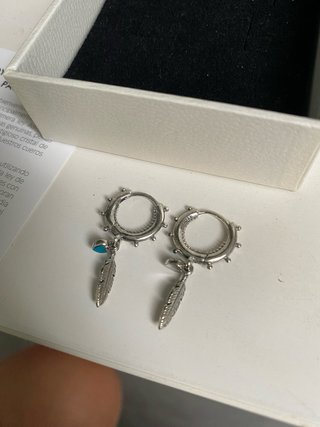 Pendientes Pandora Aro Plata Pluma Corazón turques