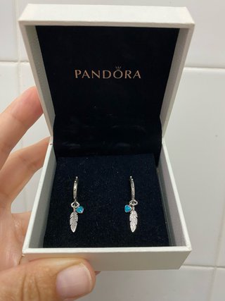 Pendientes Pandora Aro Plata Pluma Corazón turques