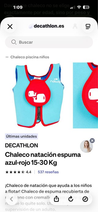 Chaleco flotador natación Nabaiji niño 3-5 años