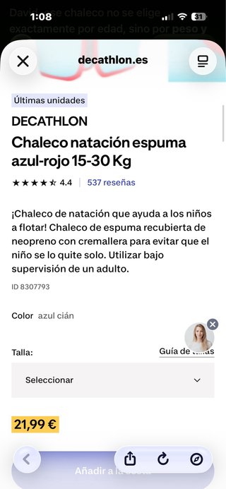 Chaleco flotador natación Nabaiji niño 3-5 años