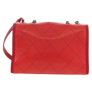 CHANEL Chain Shoulder Bag Calf Skin Red Silver CC