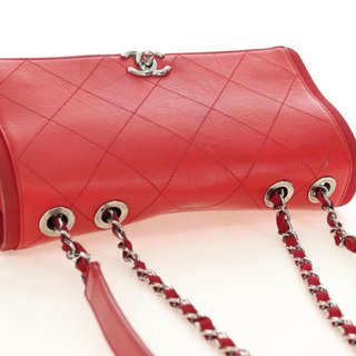 CHANEL Chain Shoulder Bag Calf Skin Red Silver CC
