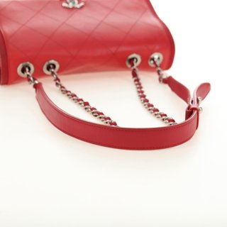CHANEL Chain Shoulder Bag Calf Skin Red Silver CC