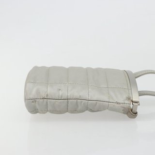 CHANEL Choco Bar Hand Pouch Nylon Silver CC Auth