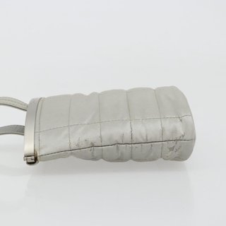 CHANEL Choco Bar Hand Pouch Nylon Silver CC Auth