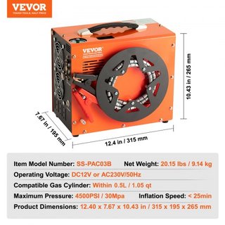 Compresor de Aire PCP, 4500PSI/30Mpa Compresor Portátil para Airgun PCP con Convertidor de Potencia Integrado, Parada Automática | DC12V/AC230V | Compresor de Rifle de Aire, Paintball y Tanque de ...