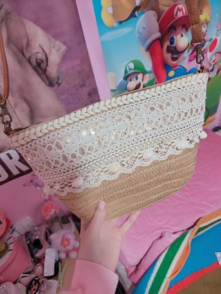 Bolso de mimbre verano encaje y asas cuero