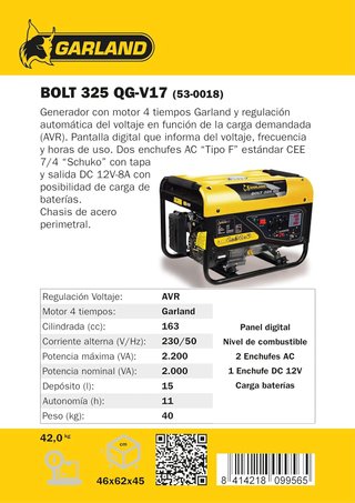 Generador Garland Bolt 325QG Gasolina 4T 2,2