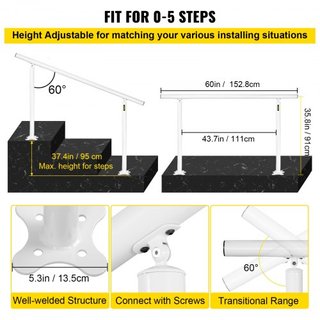 Kit de Barandilla para Escaleras, Pasamanos de 152.4 cm para Exteriores de 0-5 Escalones, Barandilla de Escalera de Aluminio Blanca de Ángulo Ajustable, Escaleras Interiores y Exteriores para Pers...
