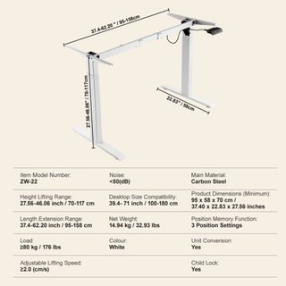 Marco da Scrivania Elevabile, Altezza Regolabile da 70-117 cm e Lunghezza da 95-158 cm, Gambe da Scrivania Elettriche per PC da Terra, Base Ergonomica DIY per Ufficio Domestico e...