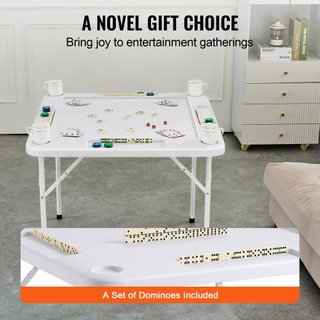 Mesa de Mahjong, Mesa de Cartas Plegable Cuadrada para 4 Jugadores con 4 Portavasos y 4 Bandejas para Fichas, Mesa de Dominó Portátil con 1 Juego de Dominó para Mahjong, Póker y Rompecabezas, 35.4...