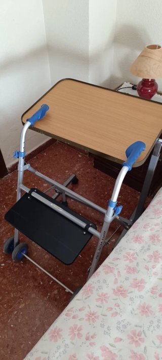 Cama articulada, silla de ruedas, andador y mesa