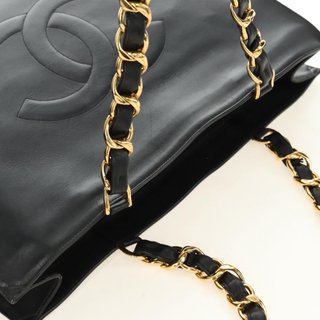 CHANEL Chain Tote Bag Leather Black Gold CC Auth