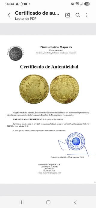 Moneda 8 Escudos Oro 1812 Fernando VII certificada