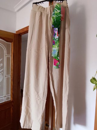 Pantalones anchos lino beige S/M