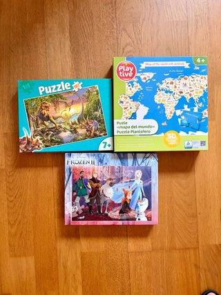 Lote 3 Puzzles: Dinosaurios, Mundo y Frozen