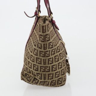 FENDI Zucchino Canvas Hand Bag Beige Gold Auth